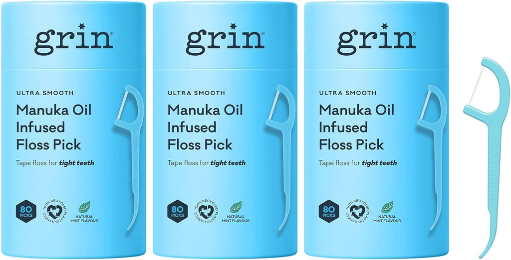 Grin Tooth Picks Flossers for Adults – Manuka Oil Infused Dental Floss Picks for Teeth Cleaning - Natural Mint Flavor - 100% Recycled Plastic Handle - 80 Count Canister (Pack of 3)