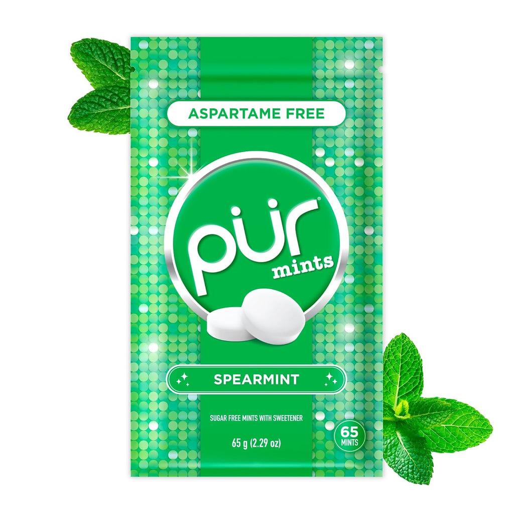 PUR Mints | Aspartame Free Breath Mints | Made with Xylitol | Sugar Free, Vegan, Gluten Free | Natural Spearmint Flavor | 65 Pieces in Re-Sealable pouch (Pack of 1)