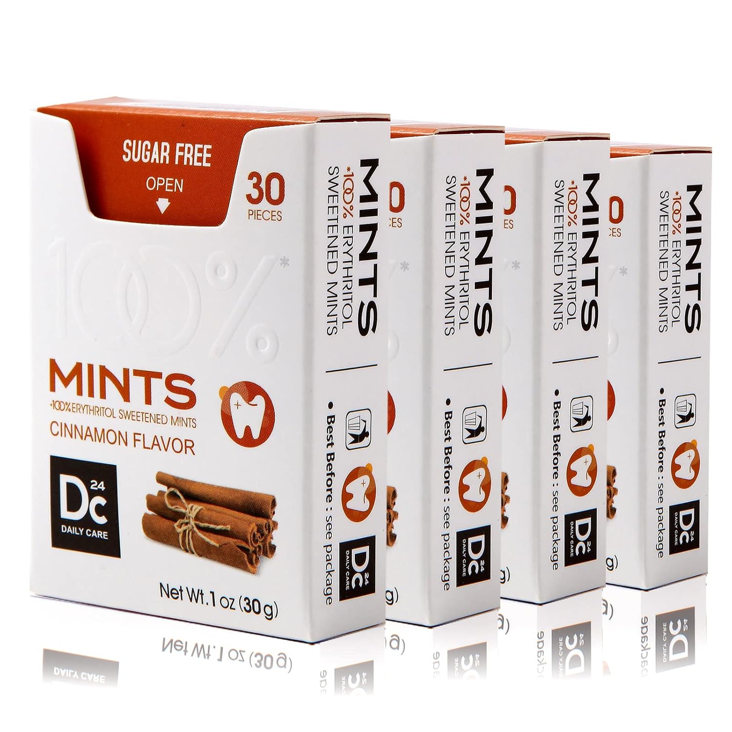 DC24 DAILY CARE 100% Erythritol Breath Mints, 0-Calorie,Sugar Free, Natural Cinnamon, Gluten Free, 30 Count, Pack of 4