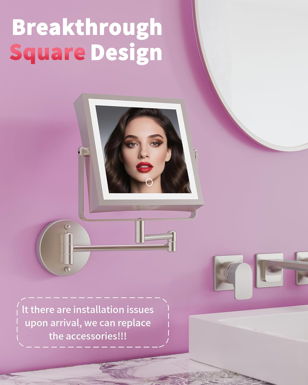 Rechargeable Wall Mounted Makeup Mirror with Lights, 4000mAh Double Sided 1X/10X Magnifying Vanity Mirror with 3 Color Lights, Touch Dimmable, 360° Extension Foldable Arm(Brushed Nickel）
