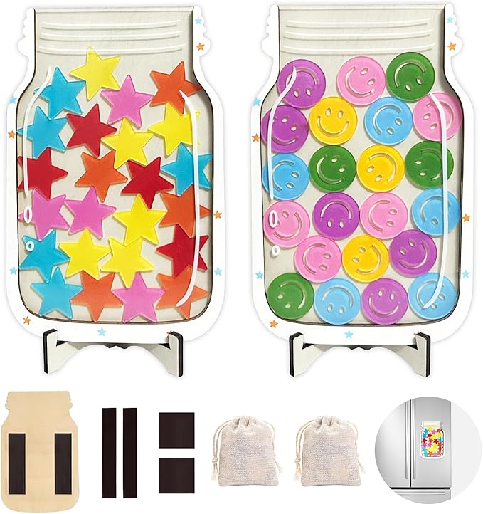 2 Pack Magnetic Reward Jar,Star and Smiley Face Reward Jar,Star Jar Reward System for Kids,Good Behavior Home Classroom Responsibility Routine Training Tool for Boys Girls