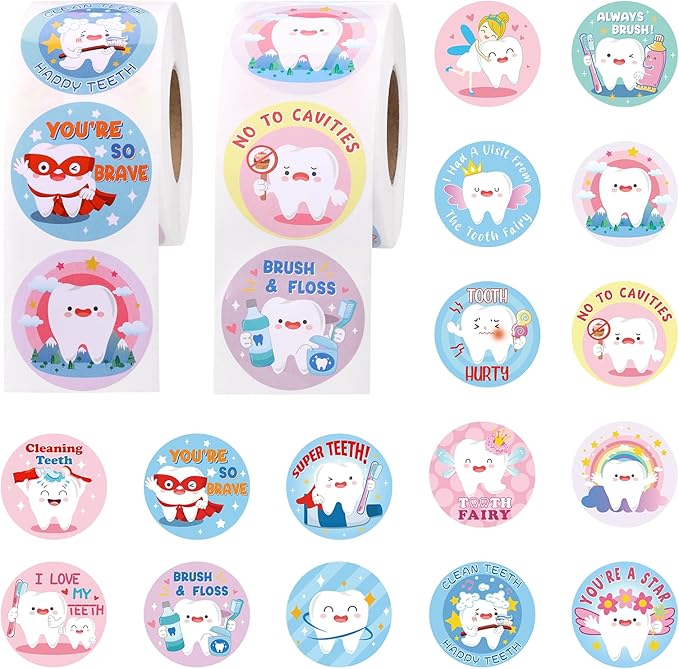 1000 PCS Tooth Shaped Roll Stickers,Tooth Shaped Dental Stickers Laptop,Water Bottle, Envelopes, Party Decorations Supplies Decor DIY Sticker Labels (style1)