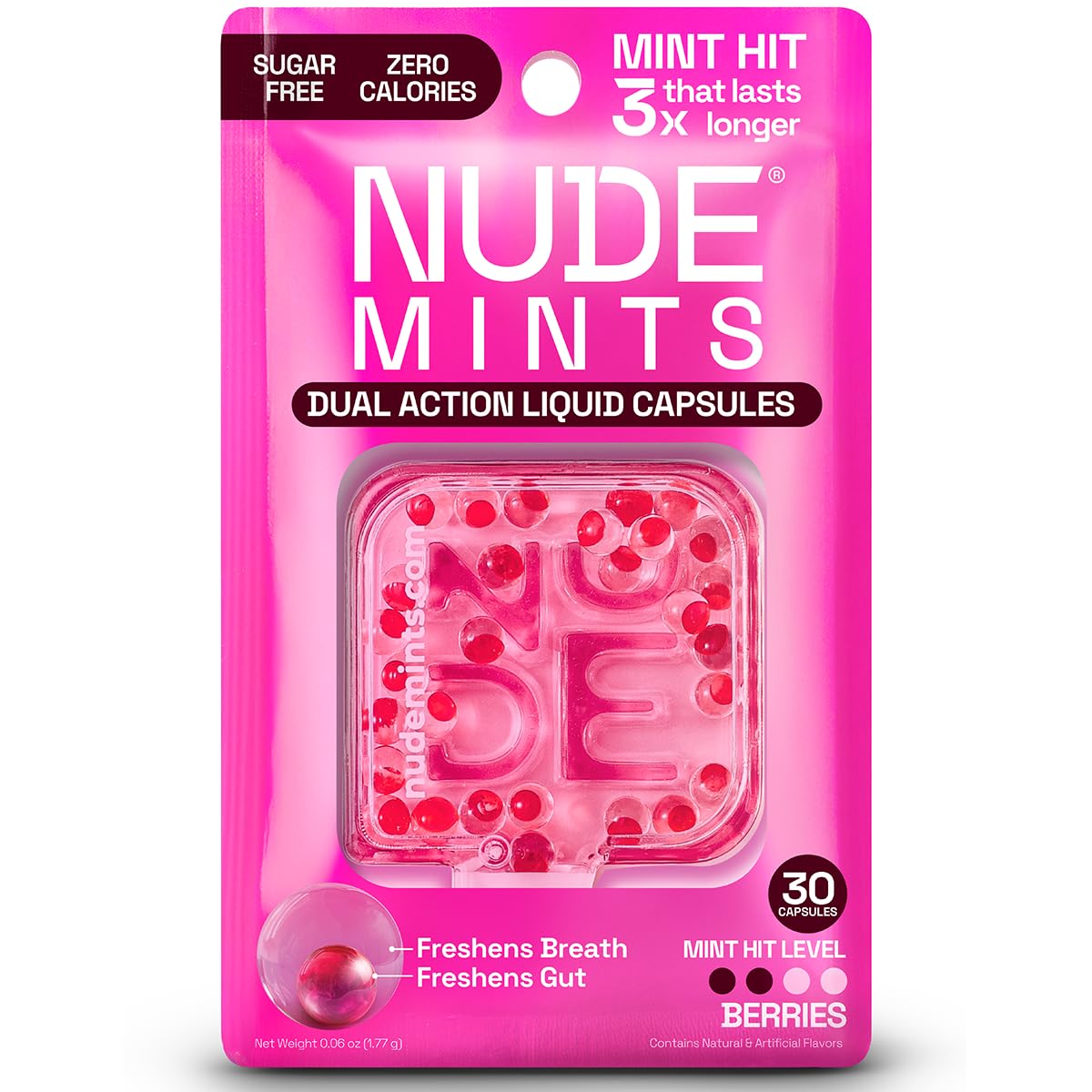 NUDE MINTS | Dual Action Liquid Capsules | Mouth Watering Mint - Lasts 3x Longer - 3x Stronger - Extreme Bad Breath Solution For Adults - Sugar Free, 0 Calorie - Berries - 5 Pack - 150 Capsules