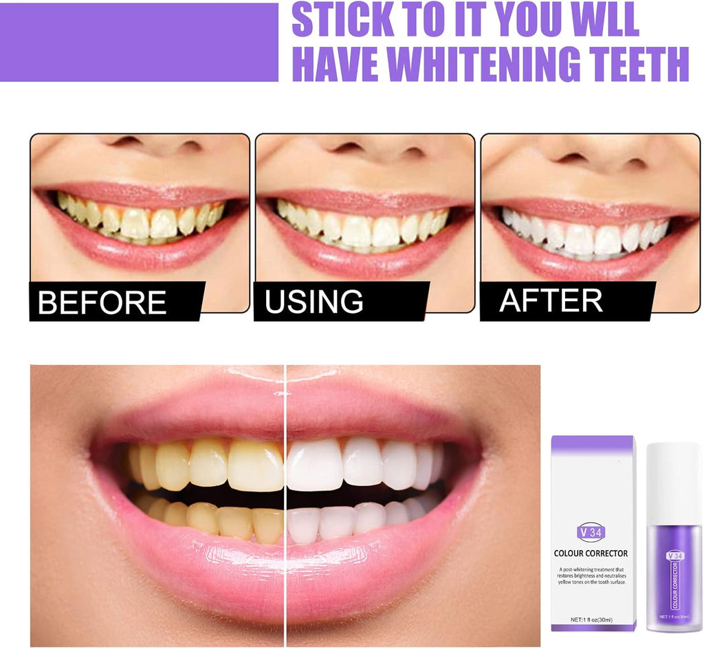 Purple Toothpaste for Teeth Whitening 2pcs Teeth Refresher Purple Color Corrector Booster Toothpaste 3D Teeth Whitening Kit for Tooth Stain Removal Enhances Tooth Brightness