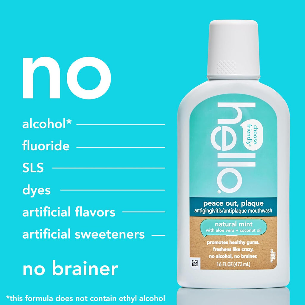 Hello Peace Out Plaque, Antigingivitis Alcohol Free Mouthwash, Natural Mint with Aloe Vera and Coconut Oil, Fluoride Free, Vegan, SLS Free and Gluten Free, 16 Ounce (Pack of 3)