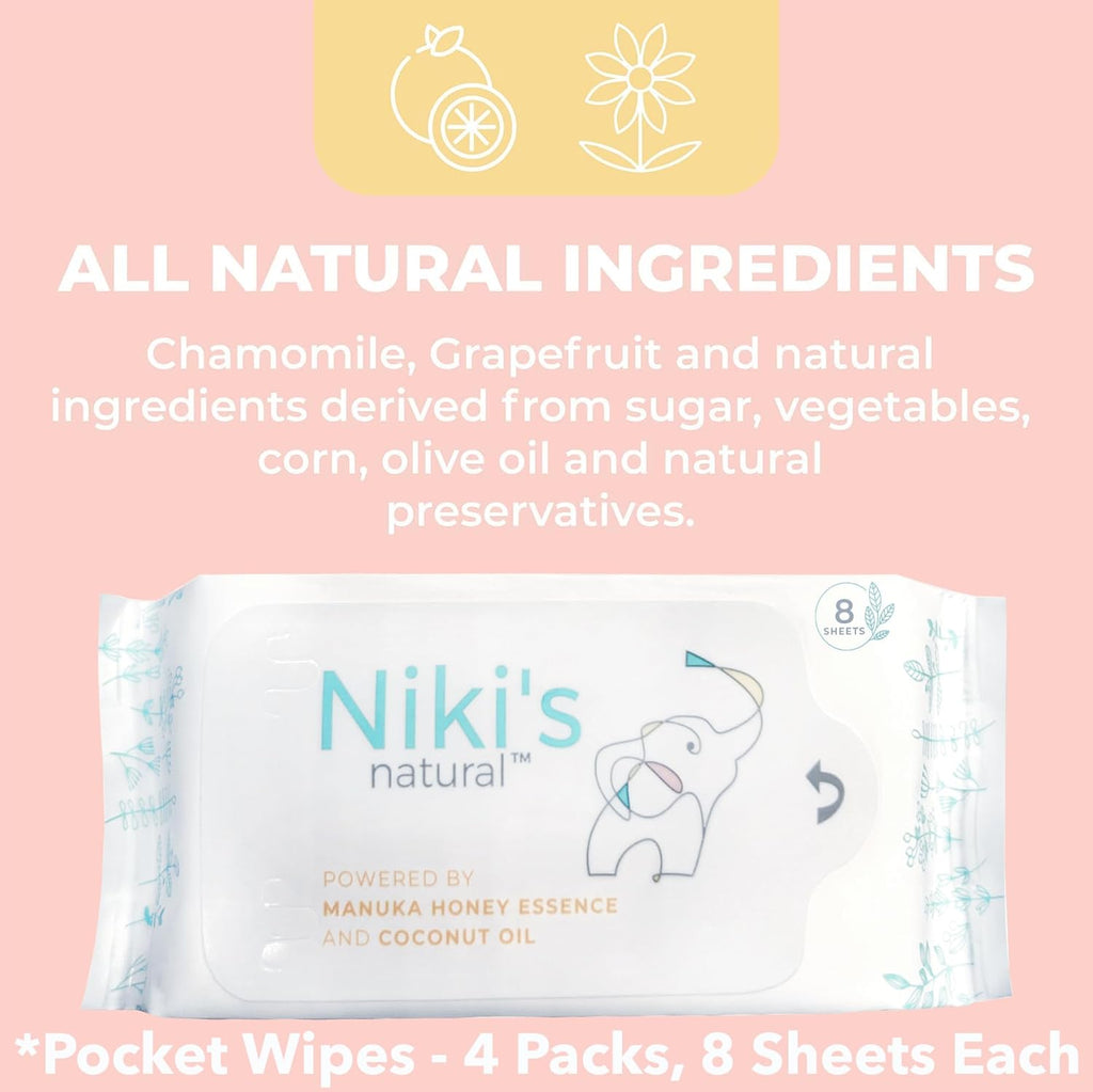 Niki's Natural Pocket Baby Wipes | Organic Baby Wipes Sensitive | Made with Manuka Honey and Coconut Oil, Unscented | EWG Verified | 32 Wipes (4 Pack x 8 Count Wipes)