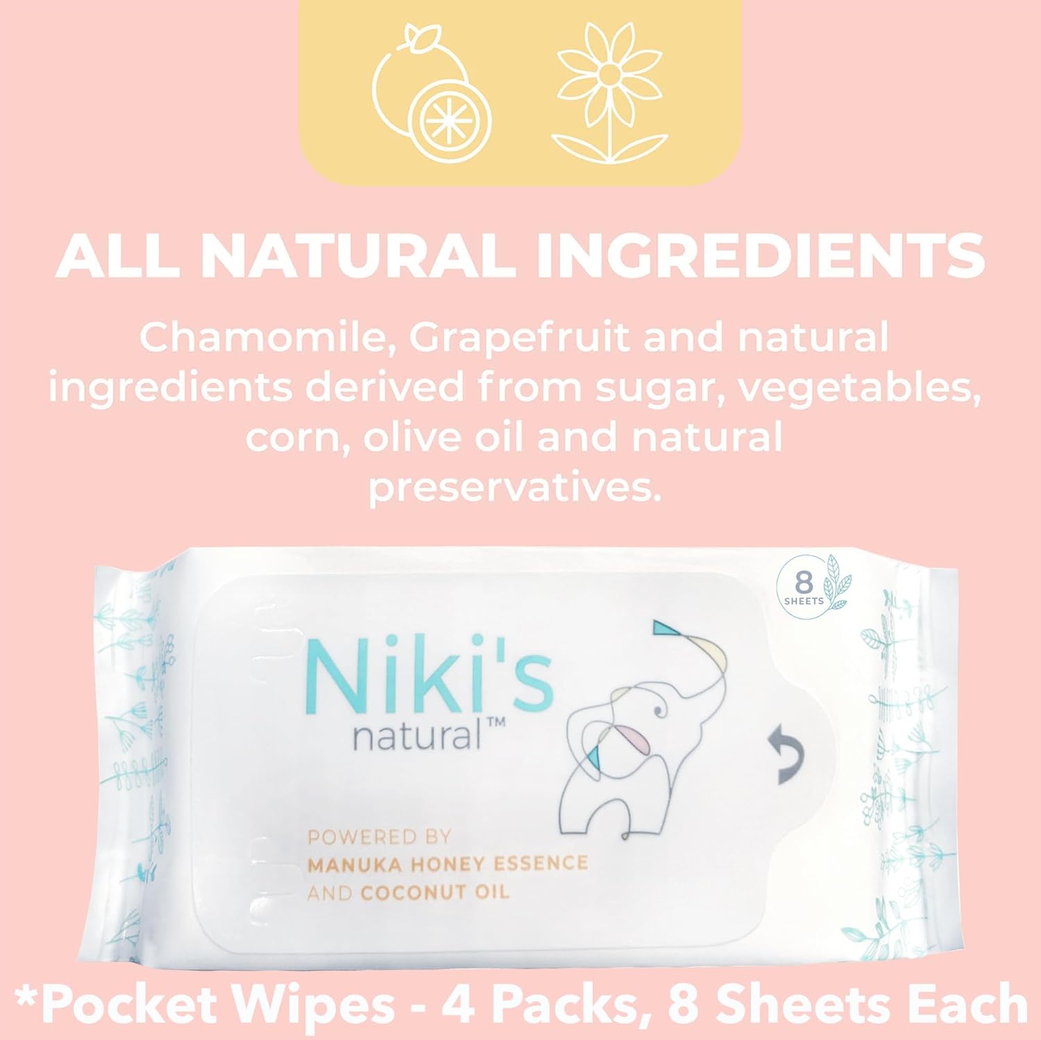 Niki's Natural Pocket Baby Wipes | Organic Baby Wipes Sensitive | Made with Manuka Honey and Coconut Oil, Unscented | EWG Verified | 32 Wipes (4 Pack x 8 Count Wipes)