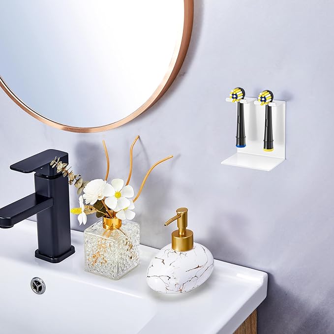 Electric Toothbrush Head Holder, Tooth Brushing Holder, Wall Mounted Toothbrush Holders Shower Bathroom, Self Adhesive or Desktop Tooth Brush Holder Organiser (White, Small)