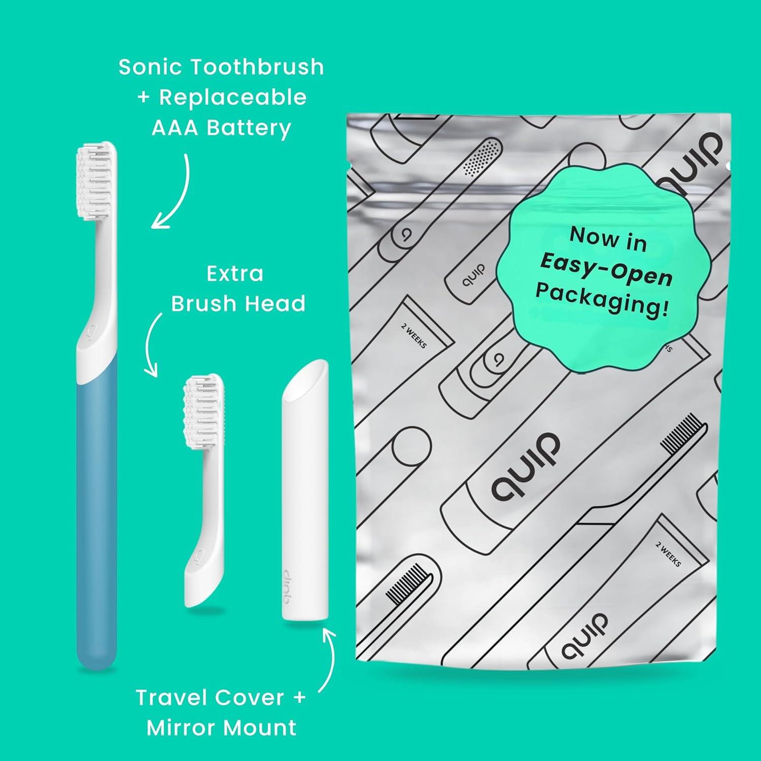 Quip Sonic Electric Toothbrush for Adults - Time Travel & Soft Bristles with Travel Case & Replacement Brush Head - 3 Month Battery Life, Plastic Handle - Marine Blue