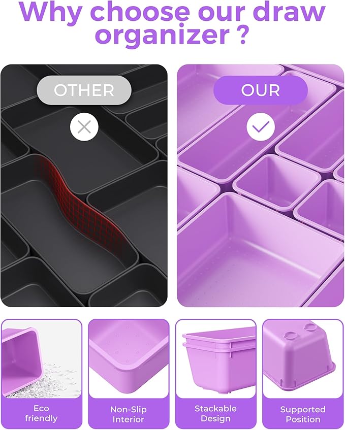 25 PCS Plastic Drawer Organizers Set, 4-Sizes Vanity and Makeup Organizer, Desk and bathroom Drawer Organizer Trays, Organizers and Storage for Makeup, Jewelry, Gadgets, Utensils (Purple)