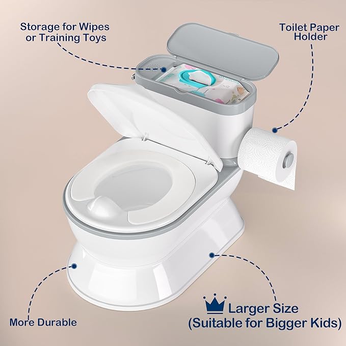 2-in-1 Toddler Potty Training Toilet - Larger Potty Chair & Detachable Training Seat for Boys & Girls Ages 1-3 with Flushing Sound, Wipes Storage, Toilet Paper Holder - Grey