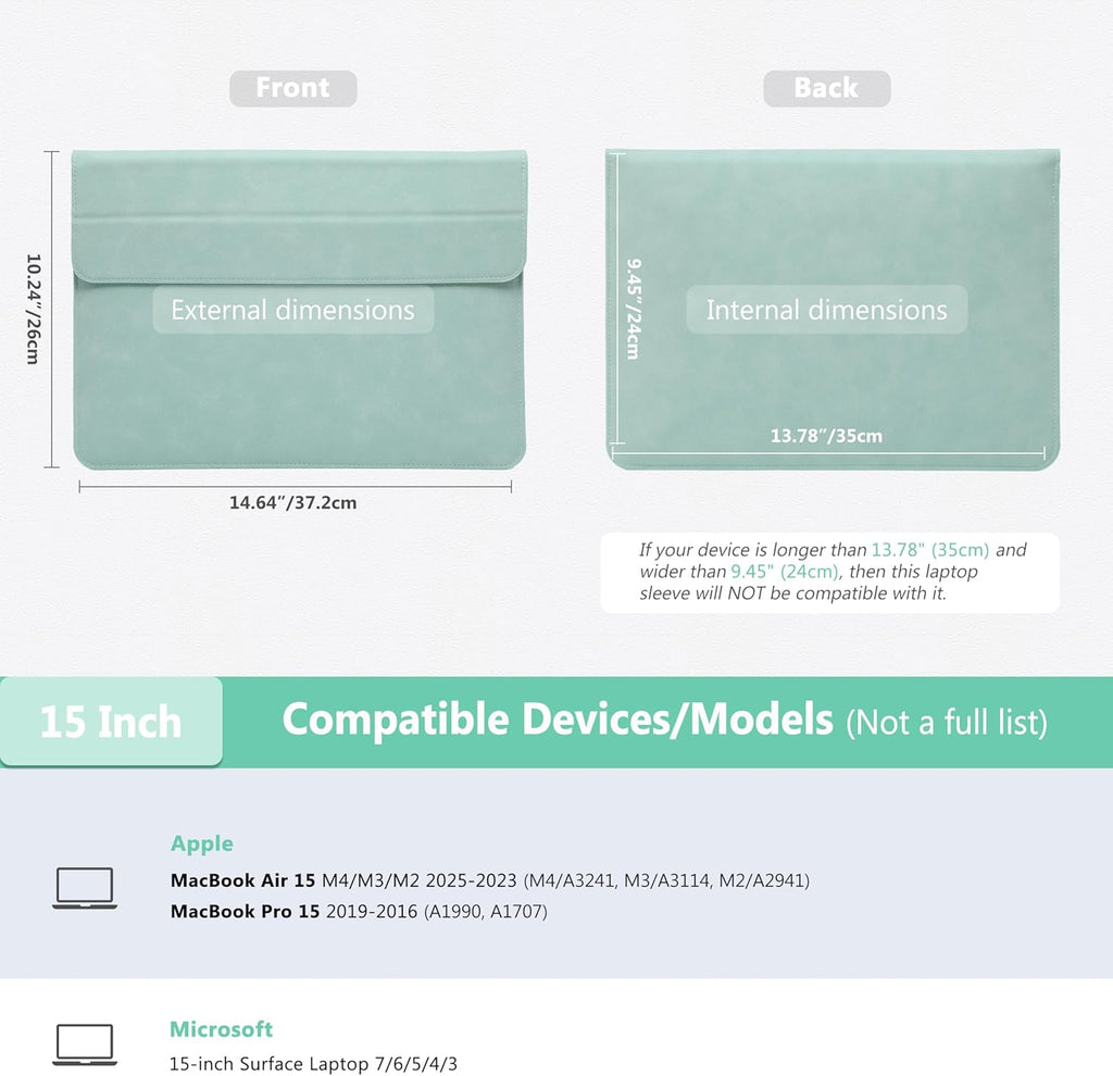 HYZUO 15 Inch Laptop Sleeve Case with Stand for MacBook Air 15 M4 A3241 M3 A3114 M2 A2941 2025-2023, 15" Surface Laptop 7/6/5/4, MacBook Pro 15 A1990 A1707 2019-2016, with Pouch, Mint Green