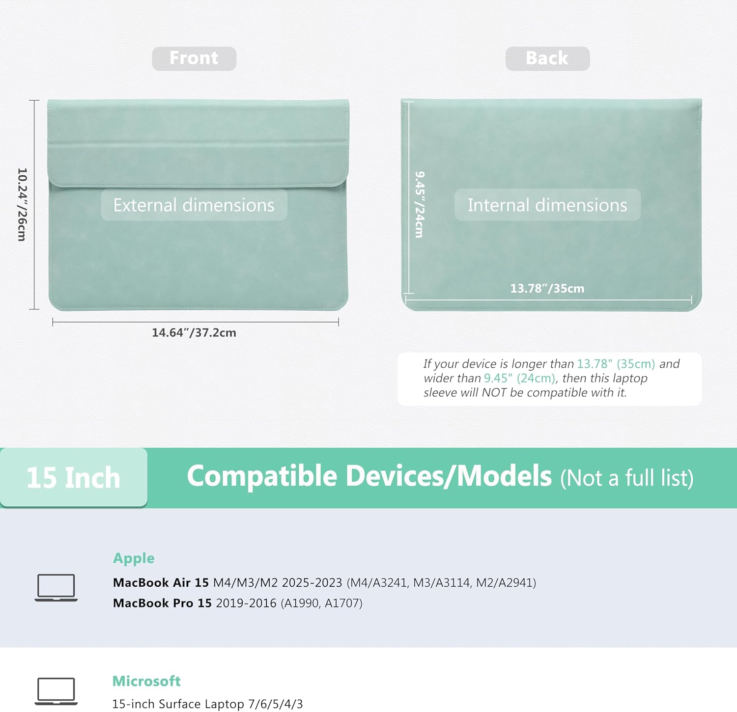 HYZUO 15 Inch Laptop Sleeve Case with Stand for MacBook Air 15 M4 A3241 M3 A3114 M2 A2941 2025-2023, 15" Surface Laptop 7/6/5/4, MacBook Pro 15 A1990 A1707 2019-2016, with Pouch, Mint Green