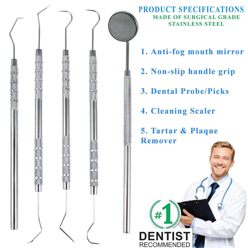 Professional Dental Tools - Dental Pick, Dental Scaler for Tartar Plaque Remover Tooth Cleaner Teeth Scraper Dentist Hygienist Kit Sickle Scaler Teeth Cleaning Set Stainless Steel 5 Pc By Krisp Beauty