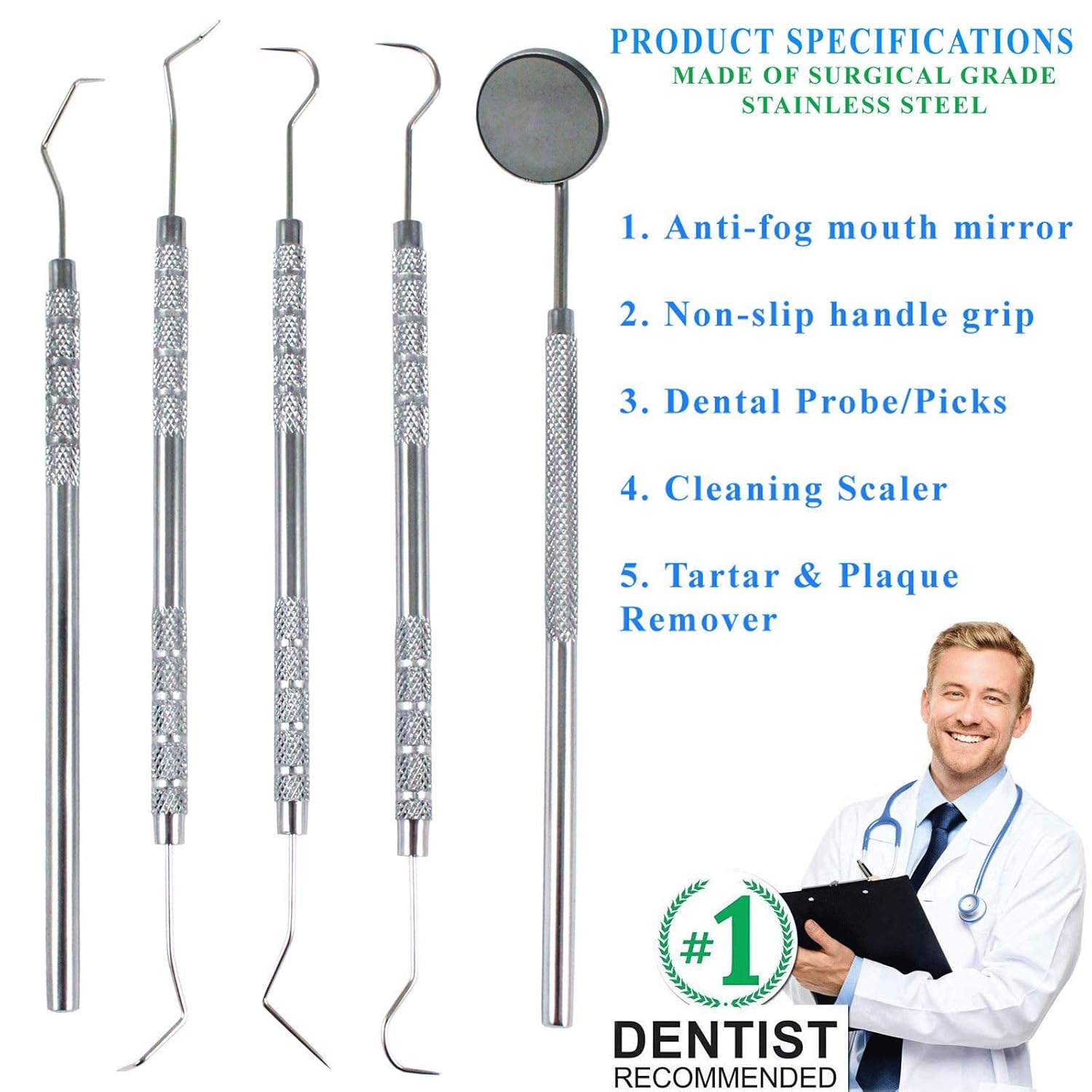 Professional Dental Tools - Dental Pick, Dental Scaler for Tartar Plaque Remover Tooth Cleaner Teeth Scraper Dentist Hygienist Kit Sickle Scaler Teeth Cleaning Set Stainless Steel 5 Pc By Krisp Beauty