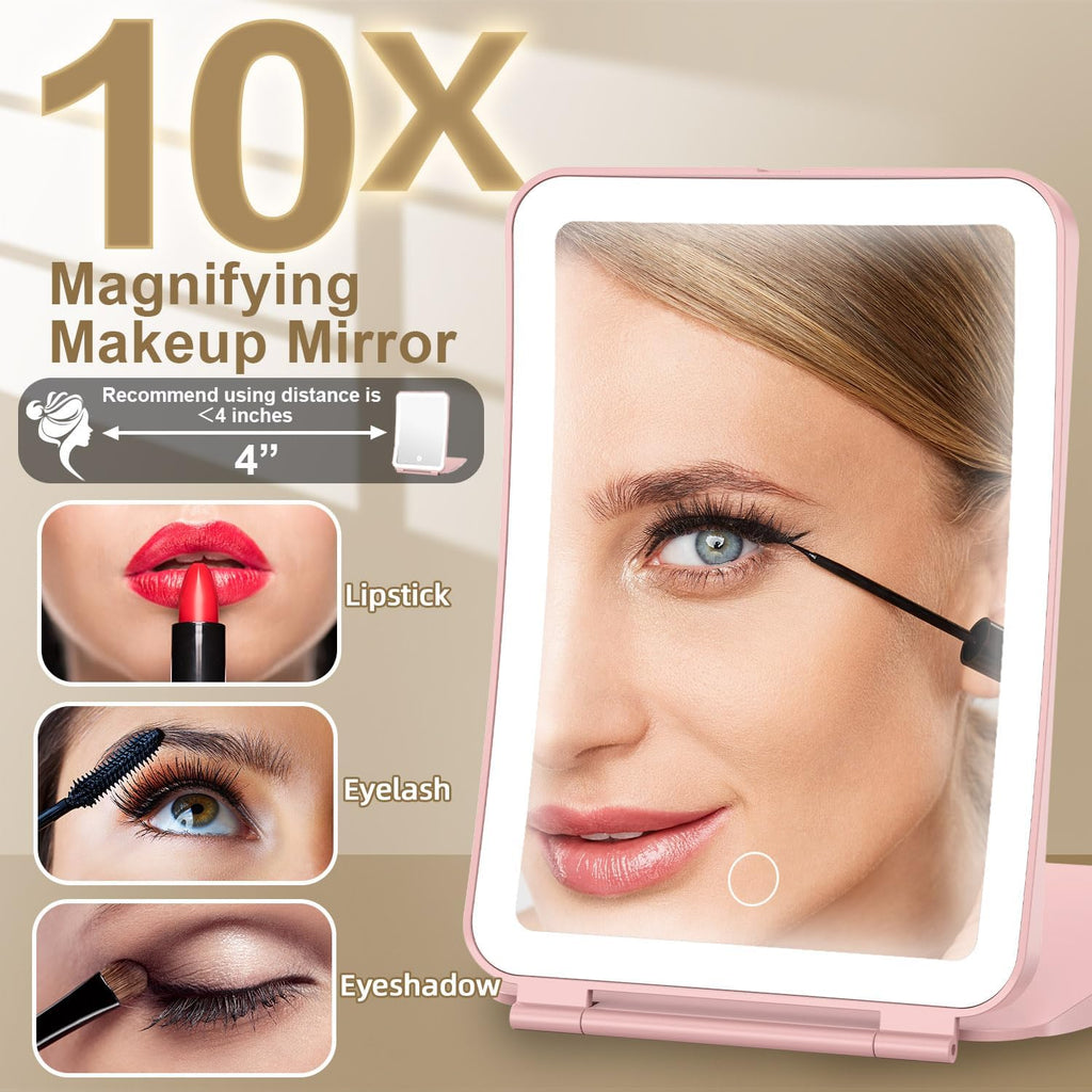 Mocado Travel Makeup Mirror with Light, 1x/10x Magnifying Mirror with Light, 3 Colors Lighted Magnifying Mirror, 2000mAh Rechargeable Lighted Makeup Mirror, Dimmable Touch, Memory Function (Pink)