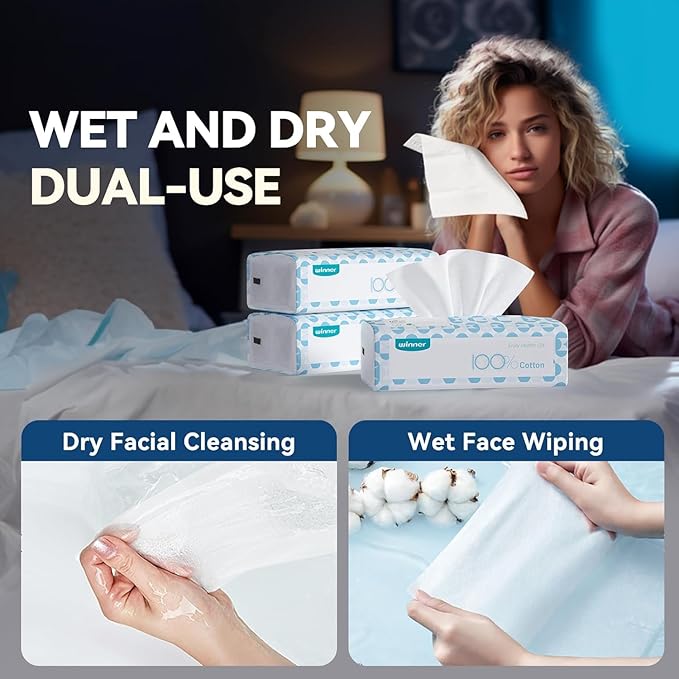 Winner Soft Face Towels, 100% USDA Biobased Facial Towels, Unscented for Sensitive Skin, OEKO-TEX Certified Face Towelettes Disposable, Makeup Remover Dry Wipes, 300 Ct, Pack of 3