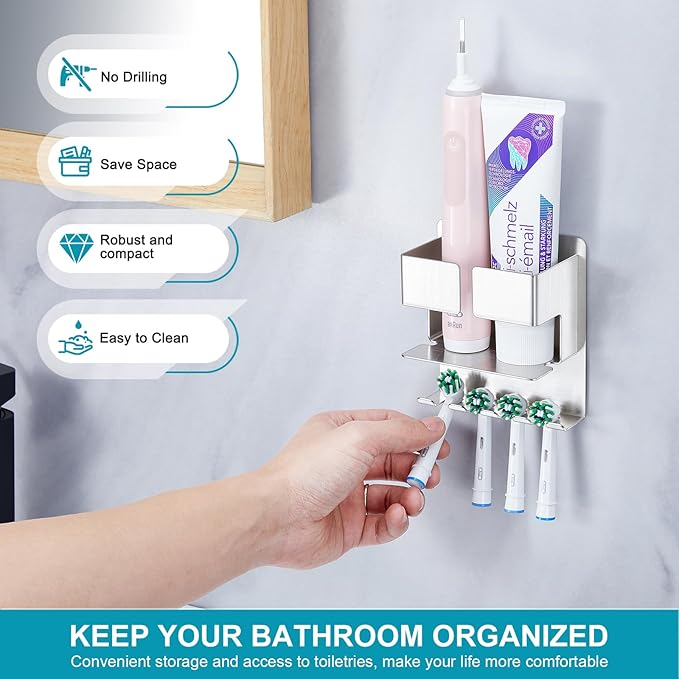 Toothbrush Holder, Electric Toothbrush Head Holder, Stainless Steel Brushed Toothpaste & Razor Organizer, Adhesive Mounted for Shower Bathrooms