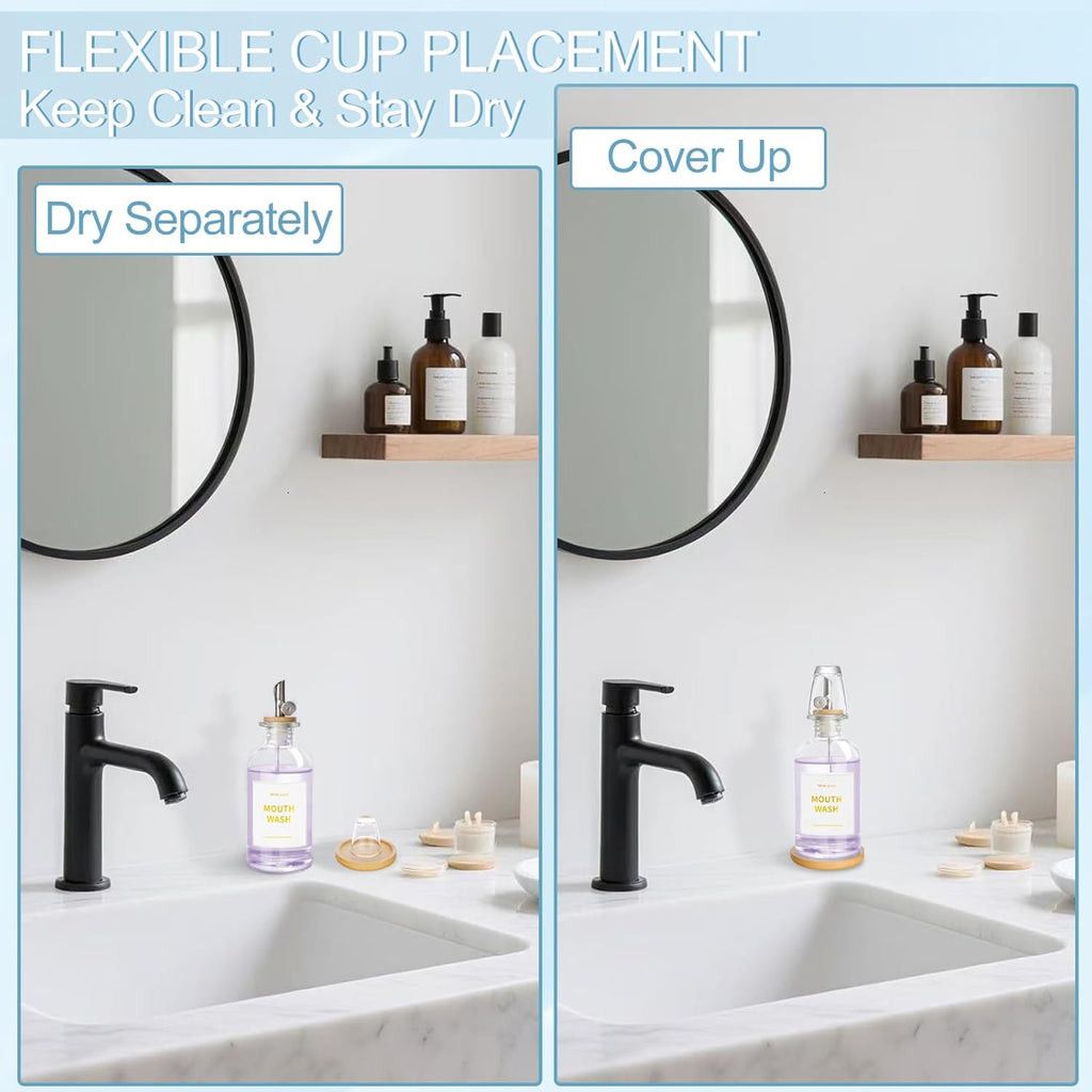 RELBRO Glass Mouthwash Dispenser for Bathroom, 11.8 OZ Refillable Mouthwash Container with Cup, Auto Pour Spout, Bamboo Tray, Funnel, Stickers, Clear, 1 Pcs