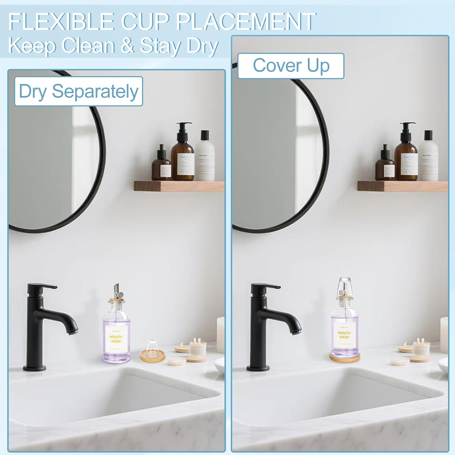 RELBRO Glass Mouthwash Dispenser for Bathroom, 11.8 OZ Refillable Mouthwash Container with Cup, Auto Pour Spout, Bamboo Tray, Funnel, Stickers, Clear, 1 Pcs