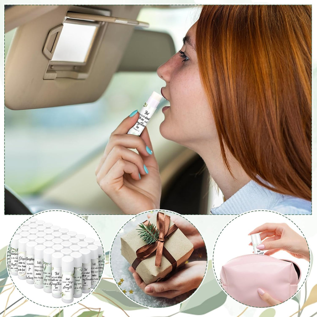 50 Pcs Christmas Christian Lip Balm Bulk Bible Verses Lip Balm Scripture Christian Gifts for Women Faith Religious Church Party Favor Inspirational Gift for Coworker Staff Employee(Eucalyptus Leaf)