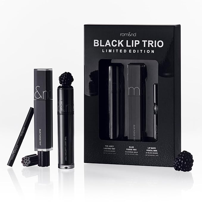 rom&nd BLACK LIP TRIO EDITION – Authentic Black Glossy Lip Tint & Liner Pencil Set | Buildable, Hydrating, Versatile K-Beauty Makeup