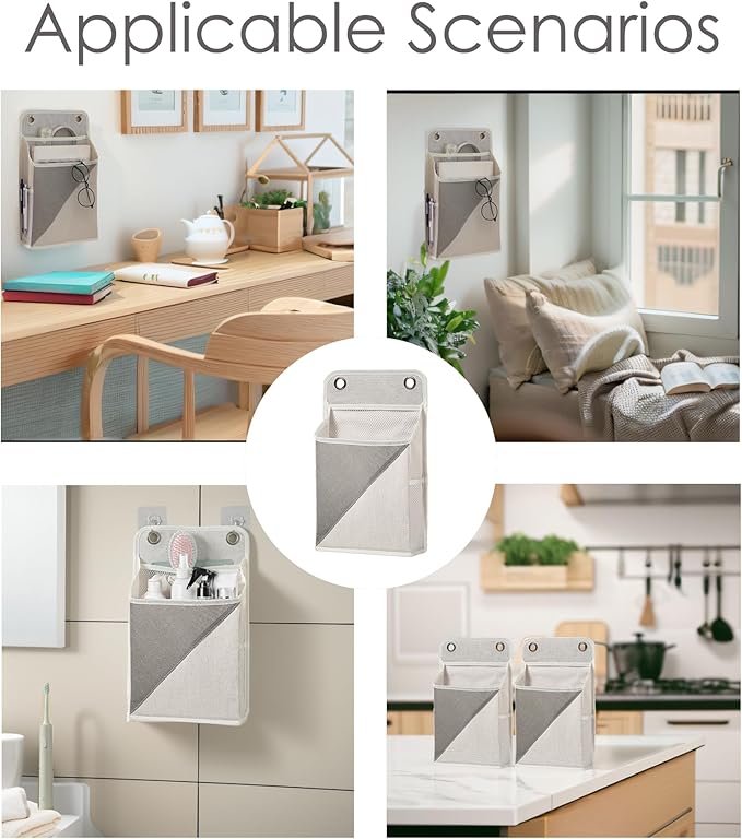 2pcs Wall Hanging Storage Organizer Bag, Hanging baskets with pockets for Wall organizing, Storage Hanging Bag for Bedroom, Dormitory, Study Room, Bathroom (Grey/White)