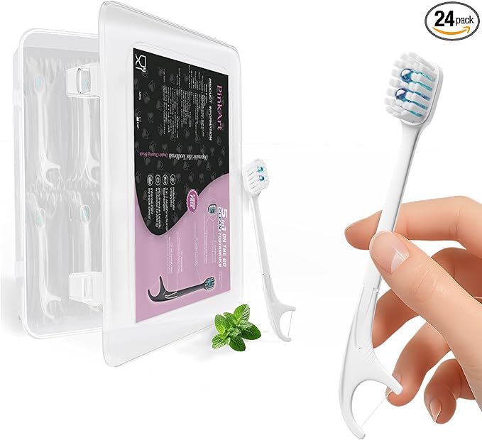 Pinkart Mini Disposable Toothbrushes with Toothpaste, Pre-Pasted Travel Toothbrush with 2 Mint Beads, Individually Wrapped Single-Use Toothbrush for On-The-Go & Travel (24 Count)