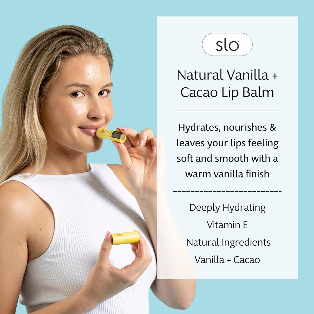 Slo | Natural Lip Balm - All Natural Ingredients, Vegan & Cruelty Free, Hydrating & Soothing, Plastic Free, Paper Packaging | Vanilla + Cacao, (0.28oz/8g)
