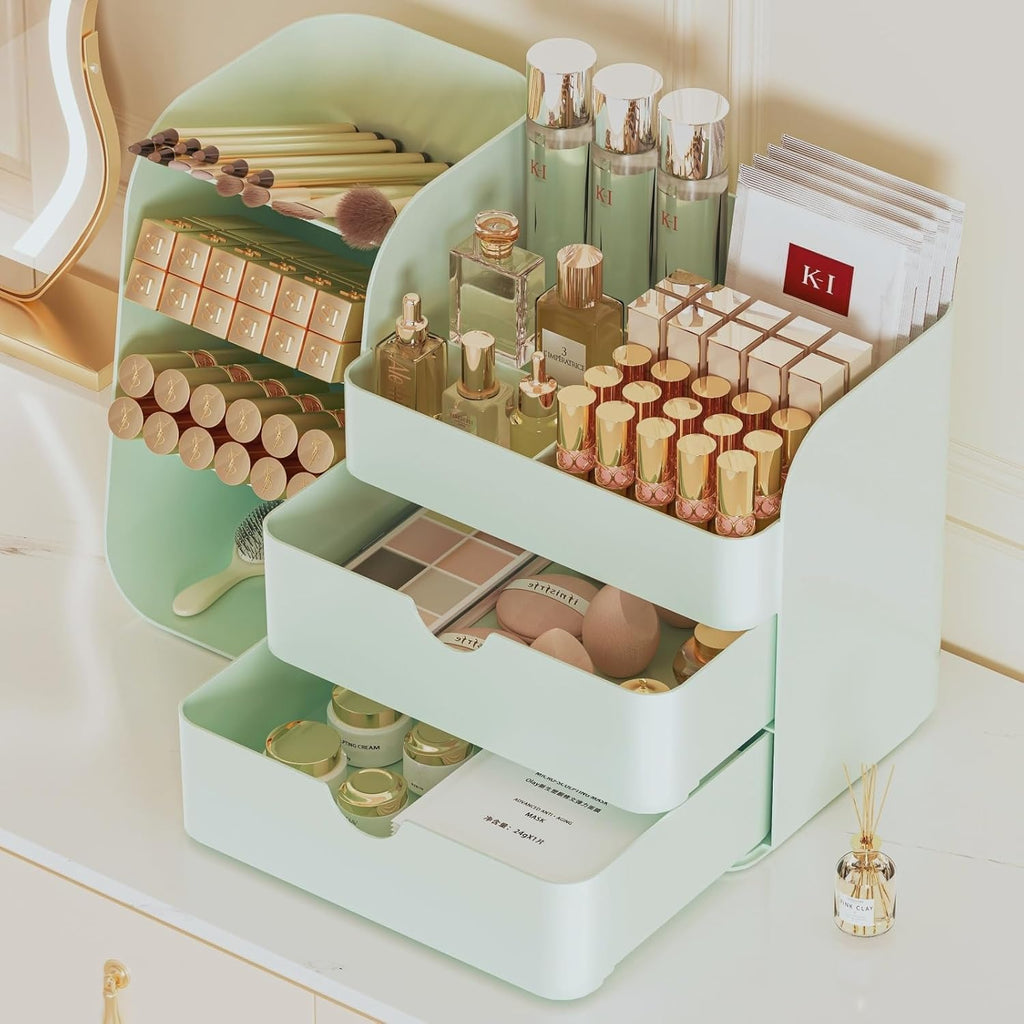 Makeup Organizer with Drawers,Large Capacity Countertop Organizer for Vanity,Bathroom and Bedroom Desk Cosmetics Organizer,Easy To Storage Skincare,Brushes, Eyeshadow,Lipstick (All Green, Large)