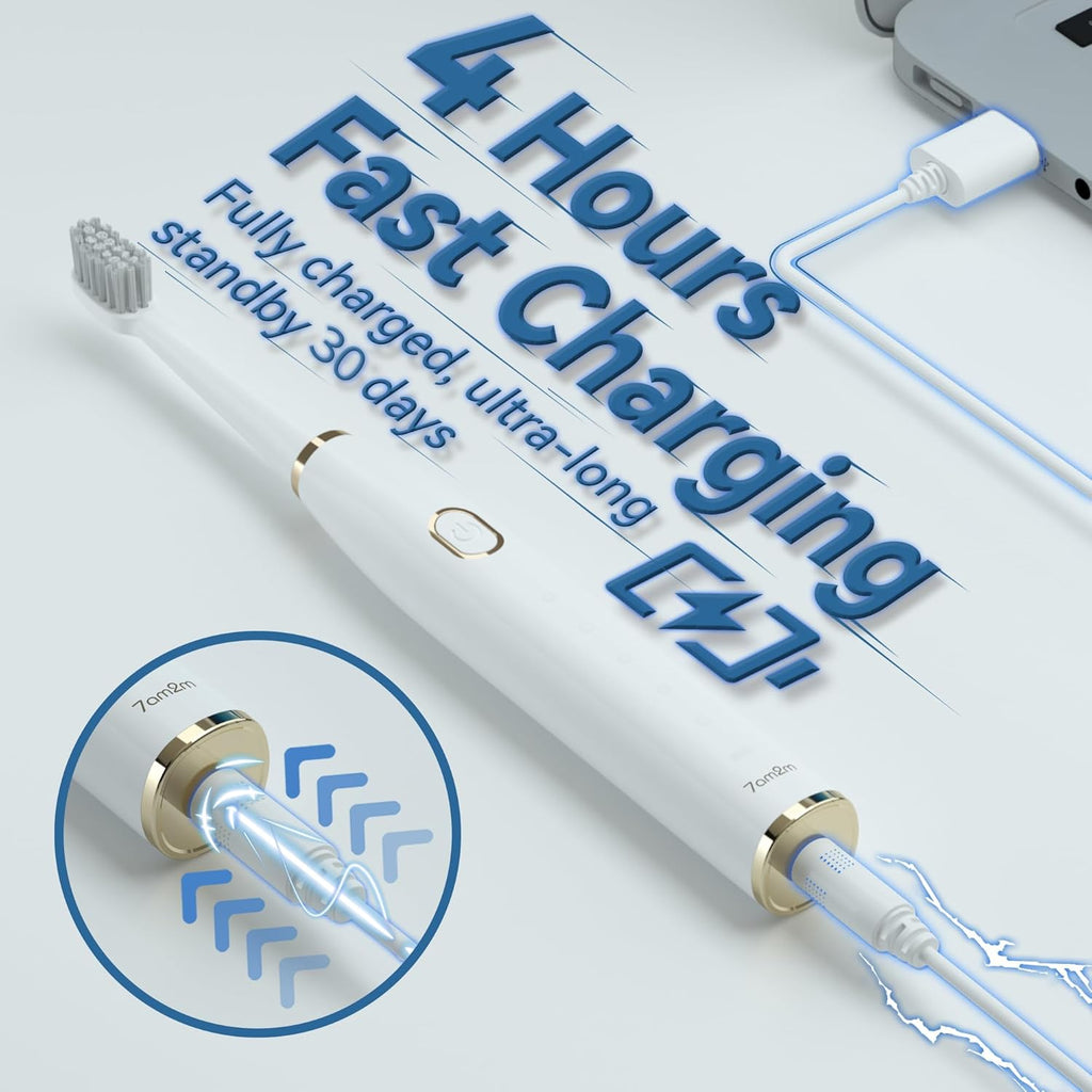 7AM2M Sonic Electric Toothbrush for Adults and Kids- High Power Rechargeable Toothbrushes with 8 Brush Heads,5 Adjustable Modes, Built-in 2-Minute Smart Timer,4 Hours Fast Charge for 30 Days(White)