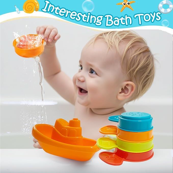 17 PCS Baby Bath Toys for Kids Ages 1-3, Mold Free No Hole Bathtub Toys with Floating Boats, Bath Spoons & Shark Net, Water Table Toys for Pool, Beach, Shower, Bath Toys for 2 3 4 Year Old Boys Girls