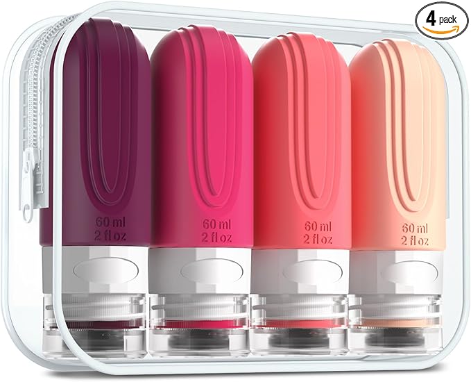 Travel Bottles for Toiletries, Tsa Approved 2oz Travel size Bottles, BPA Free Leak Proof Travels Toiletry Containers, Traveler Accessories with Toiletry Bag for Shampoo Liquid (4 Pack)