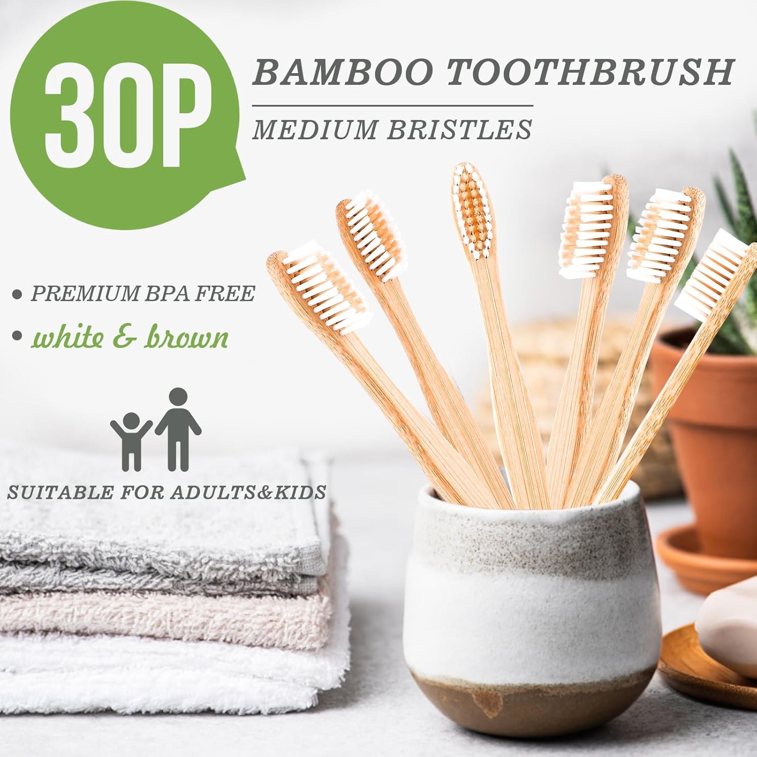 Navona 30 PCS Bamboo Toothbrushes Pack, BPA Free Medium Soft Bristles Toothbrushes for Adults, Eco-Friendly Natural Wooden Toothbrush Bulk, Box of Two Reusable Travel Toothbrush