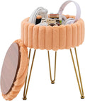 Wimarsbon Vanity Stool with Storage, Faux Fur Ottoman Chair with Metal Legs, Round Makeup Vanity Chair for Bedroom or Dressing Table, Modern Small Ottoman Seat (Orange)