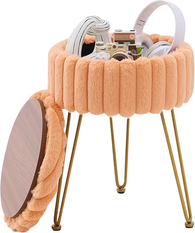 Wimarsbon Vanity Stool with Storage, Faux Fur Ottoman Chair with Metal Legs, Round Makeup Vanity Chair for Bedroom or Dressing Table, Modern Small Ottoman Seat (Orange)