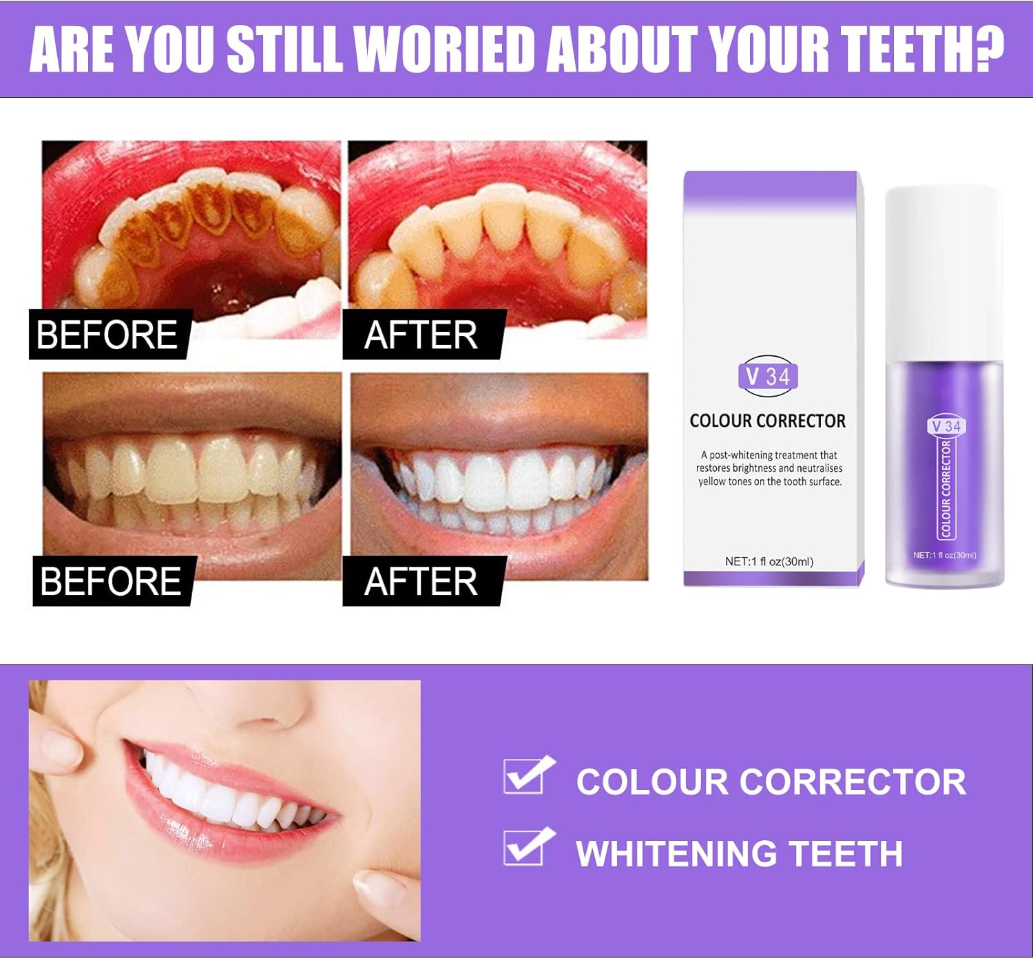 Purple Toothpaste for Teeth Whitening 2pcs Teeth Refresher Purple Color Corrector Booster Toothpaste 3D Teeth Whitening Kit for Tooth Stain Removal Enhances Tooth Brightness