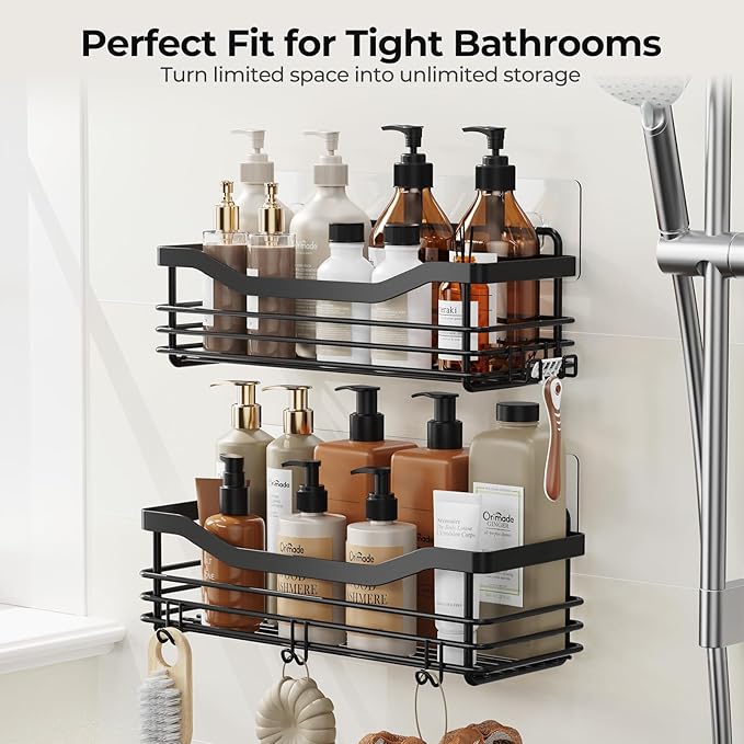 Orimade Adhesive Shower Caddy Shelf with 5 Hooks Organizer Storage Rack Rustproof Wall Mounted Stainless Steel No Drilling for Bathroom, Toilet, Kitchen - 2 Pack,Black