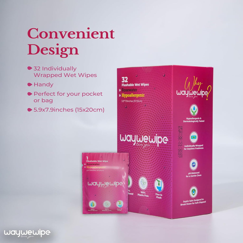 On-The-Go Flushable Feminine Wet Wipes, 32 Count XL Individually Wrapped Female Wipes, Hypoallergenic 100% Plant Based Septic Safe, Travel Size Adult Cleansing Cloth for Women, Rosewater