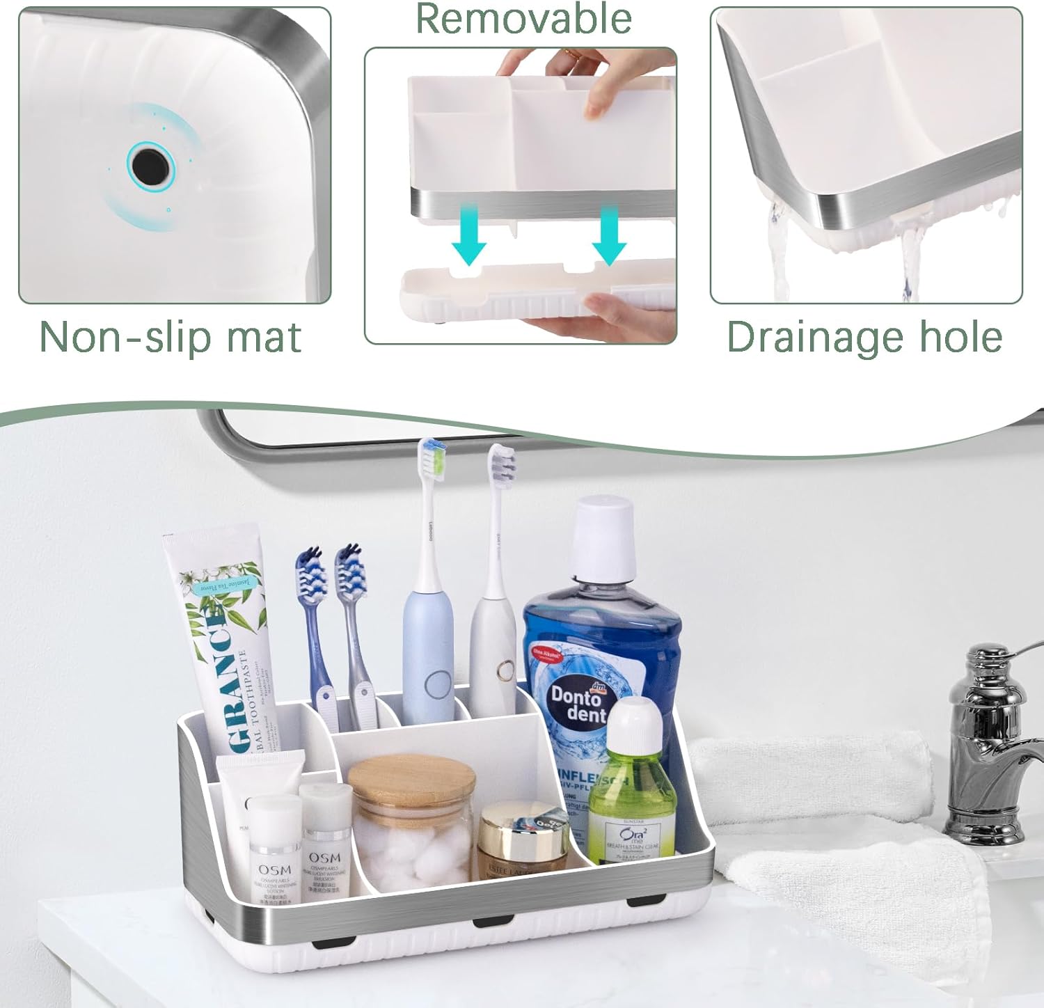 Toothbrush Holders for Bathrooms Countertop Organizer - Kids Electric Toothbrush and Toothpaste Holder Detachable 7 Slots Tooth Brush Organization Bathroom Accessories Storage Vanity, Silver