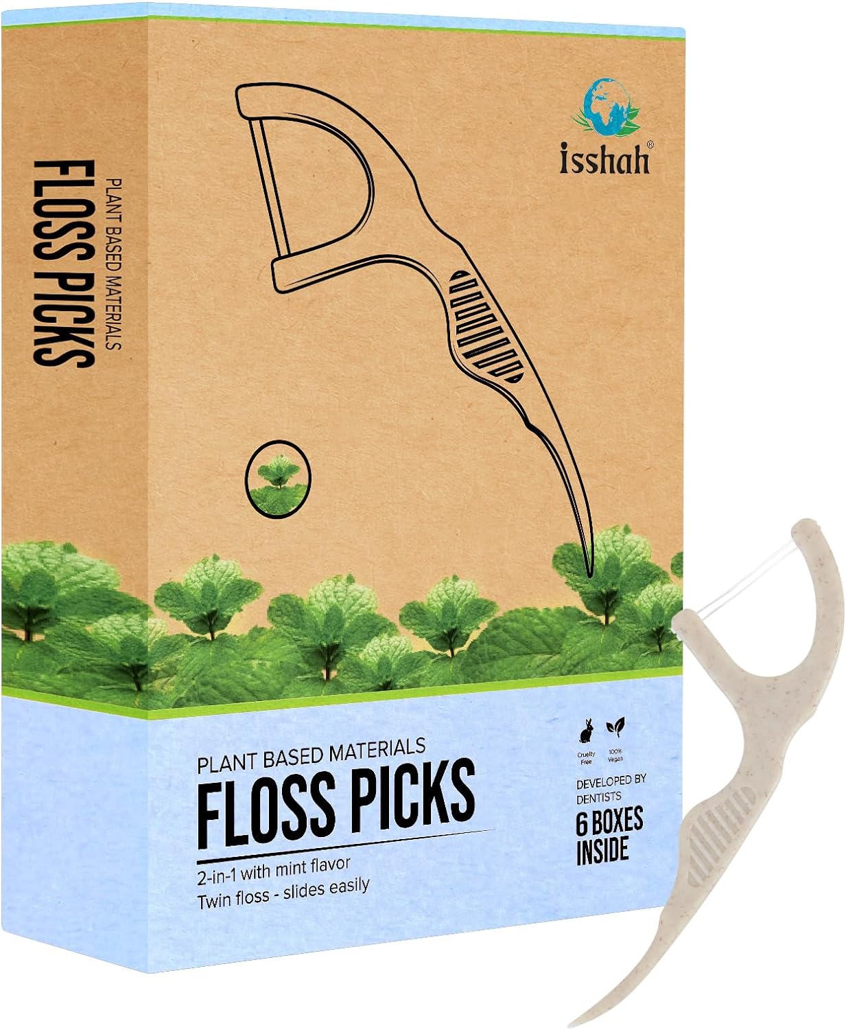 Natural Dental Floss Picks (300 Count) - Kraft Paper Box Packaging, Plant Based, PETA Approved Vegan, Eco Friendly, Sustainable Dental Flossers - Twin Floss (Mint)