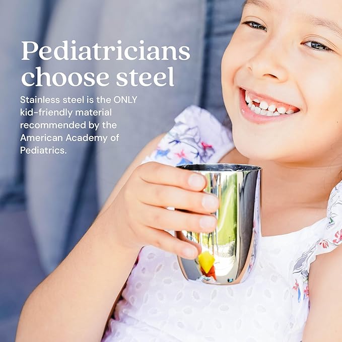 Ahimsa Stainless Steel Kids Cups, Pediatrician Designed, Premium Polished Toddler Cups for Open Cup Training, 8oz, 100% BPA Free & Dishwasher Safe, Classic Silver, Set of 4