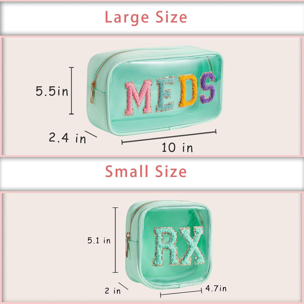 2Pcs Large Chenille Letter Clear Medicine Makeup Bag Set,Nylon PVC Waterproof Rx Meds Pouch with Metal Zipper, Cute Drug First Aid Travel Organizer for Women Girls(2pcs Mint)