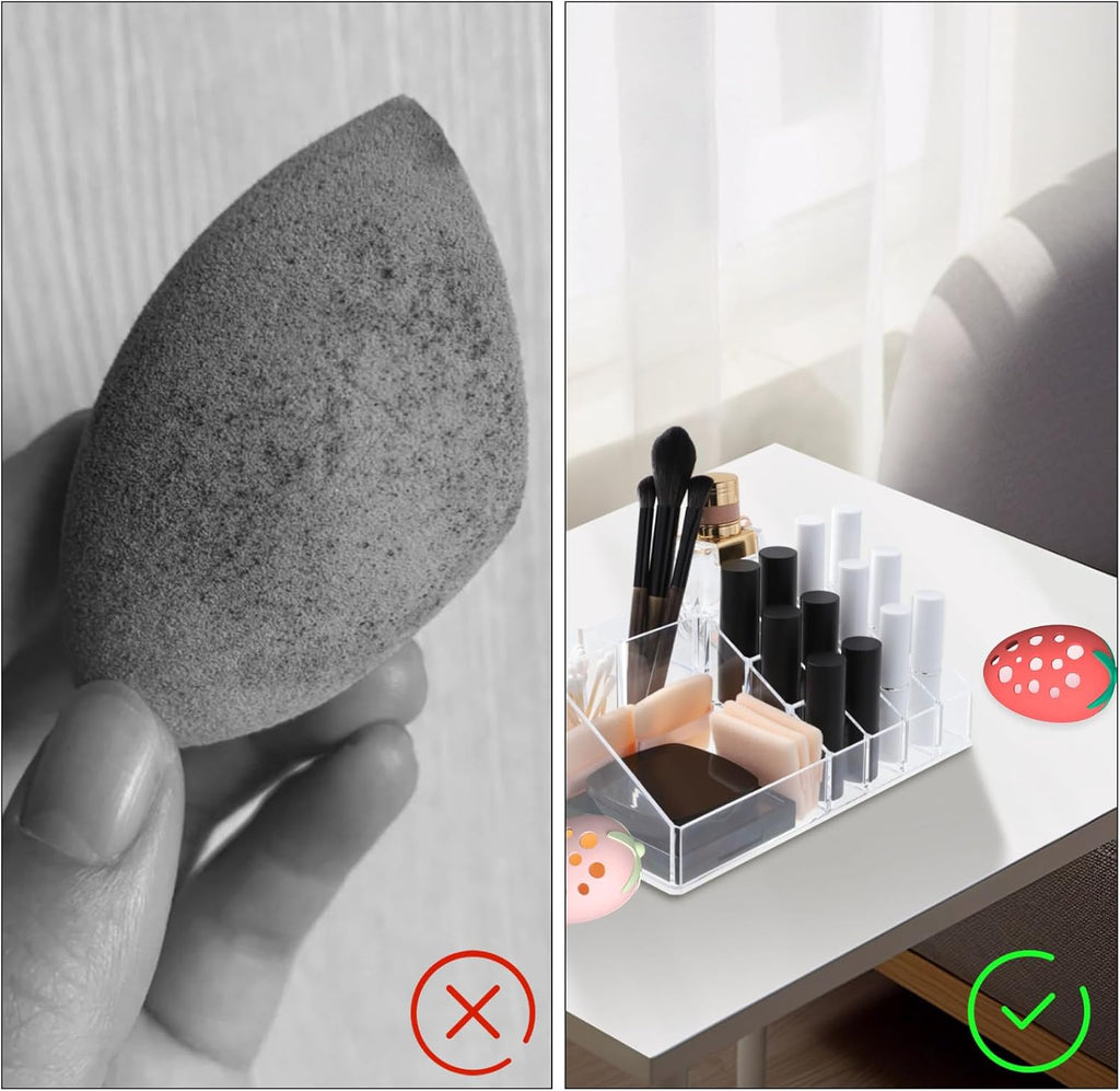 2PCS Makeup Sponge Holder for Women–Cute Strawberry Shaped Makeup Blender Holder,Double-Sided Breathable Silicone Case for Travel or Daily Use
