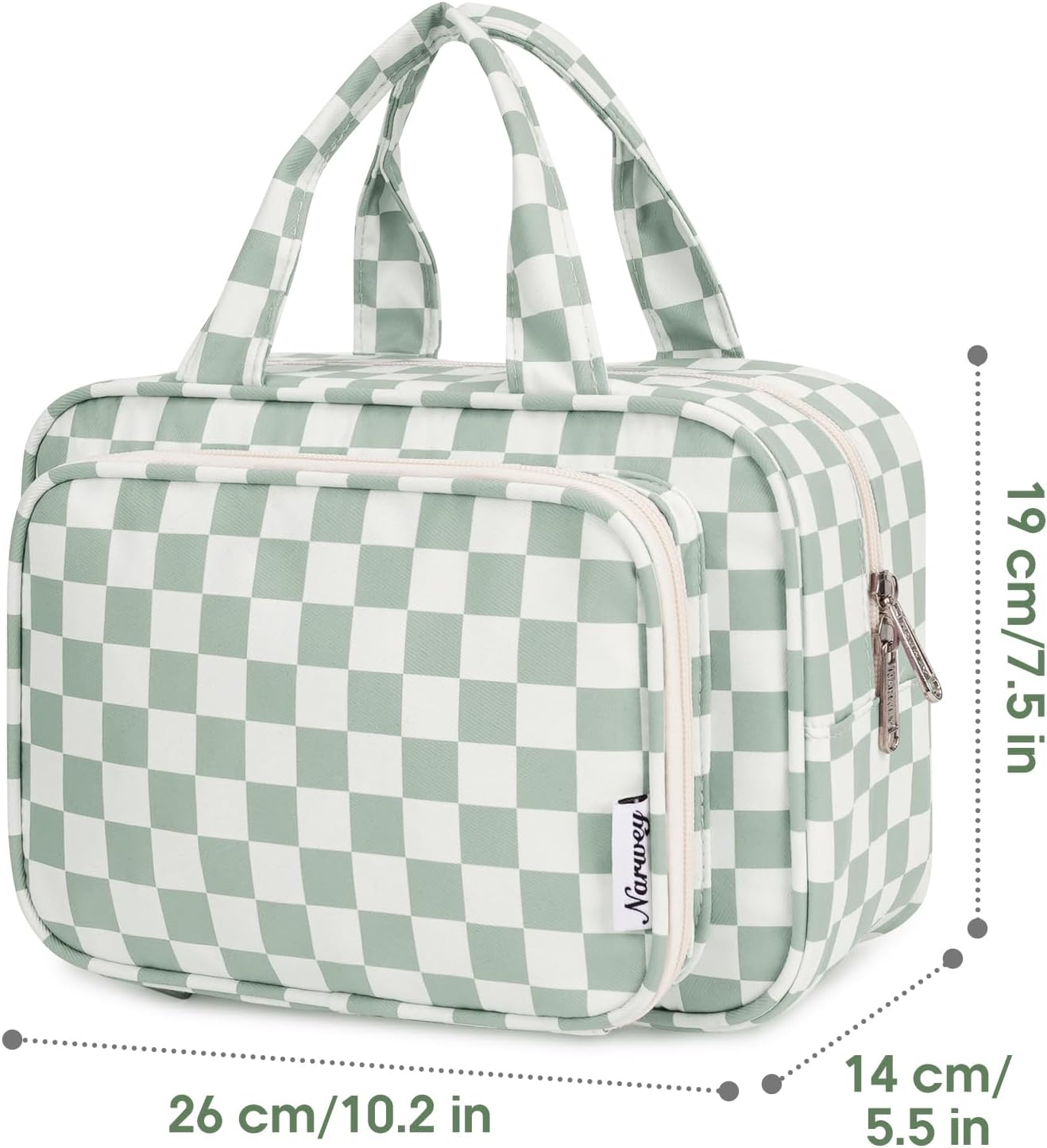 Narwey Large Travel Toiletry Bag for Traveling Women, Cosmetic Makeup Bag Make Up Organizer, Checkered Travel Bag for Toiletries with Handle (Mint Green Checkerboard)