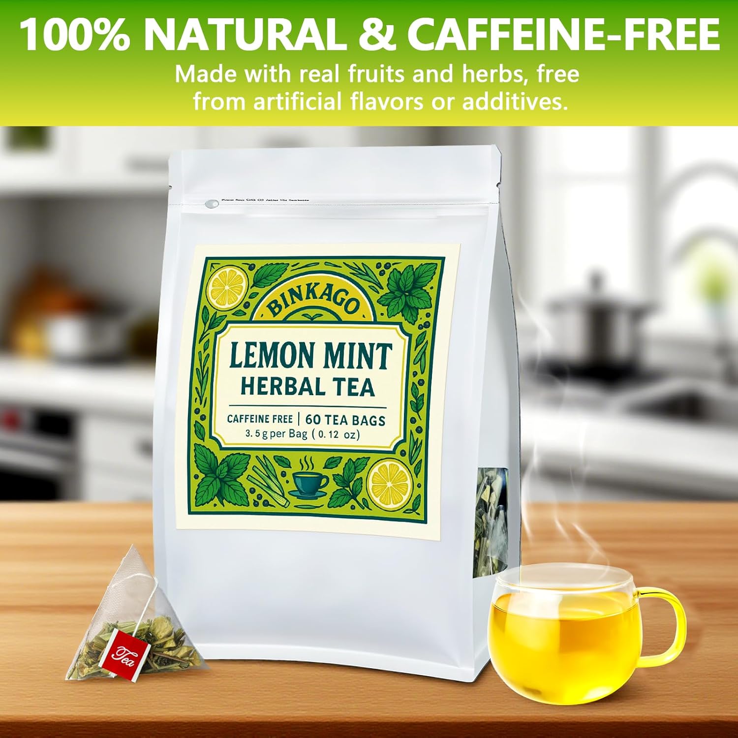 Lemon Peppermint Tea Bags – 60 Count |100% Natural Lemon & Mint Leaves | Naturally Refreshing & Uplifting | Caffeine-Free | Smooth & Cooling Flavor | Individually Wrapped for Daily Enjoyment