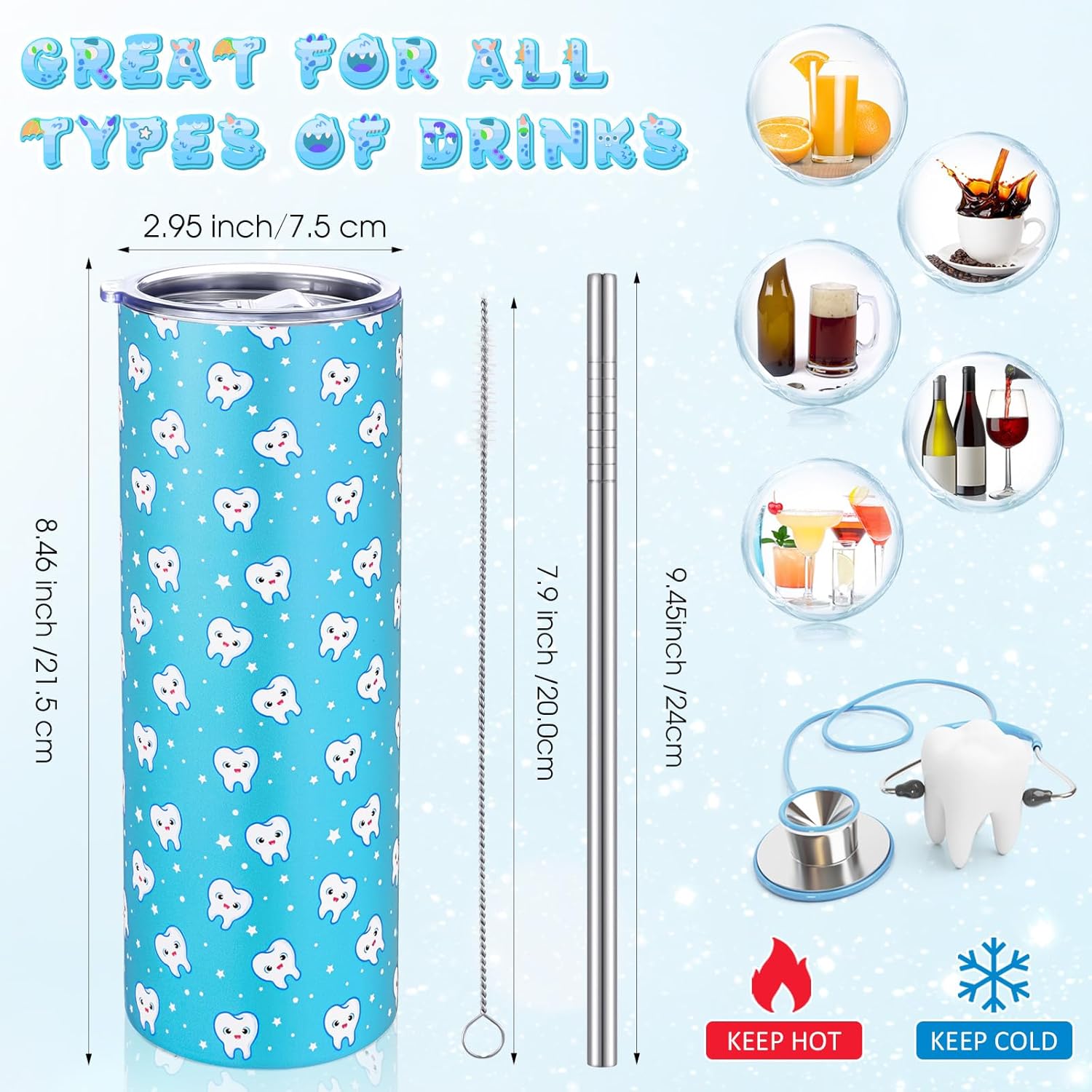 Umigy 2 Pcs Dental Assistant Gifts Teeth Dentist 20 oz Stainless Steel Tumblers Hygiene Student Coffee Mugs with Straws and Lids for Hygienist Dental Students Graduation Birthday Gift