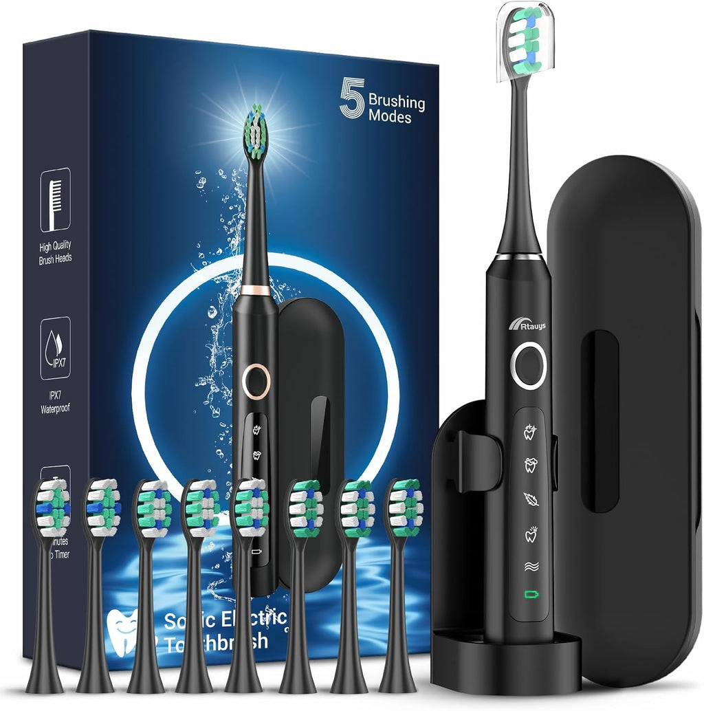 Rtauys M5 Sonic Electric Toothbrush for Adults and Kids - Rechargeable Toothbrush with Electric Toothbrush Cover, 8 Brush Heads & Travel Case, 120 Days Battery Life - BlackSilver