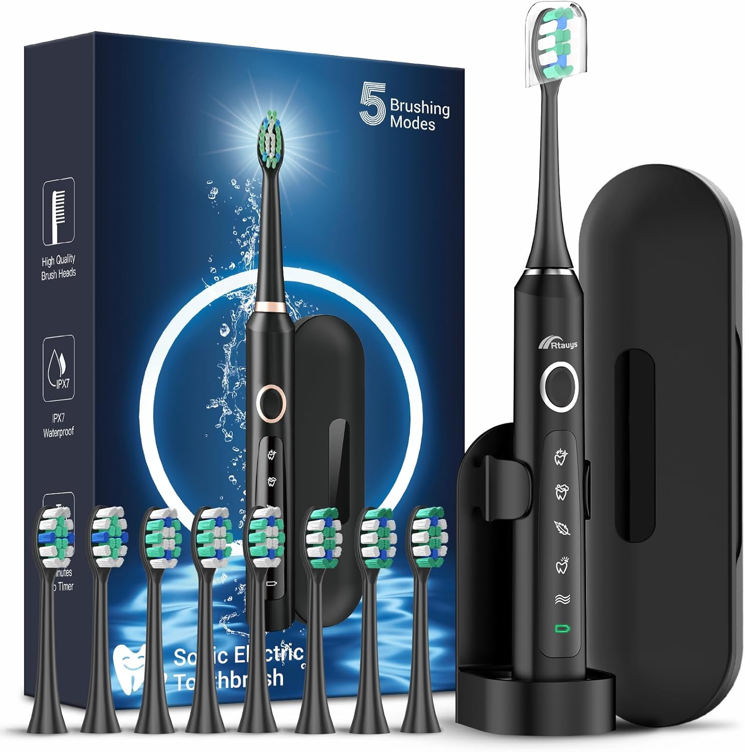 Rtauys M5 Sonic Electric Toothbrush for Adults and Kids - Rechargeable Toothbrush with Electric Toothbrush Cover, 8 Brush Heads & Travel Case, 120 Days Battery Life - BlackSilver