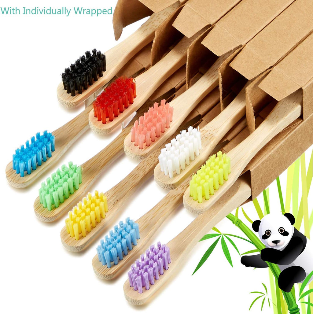 10 Piece Kids Bamboo Toothbrush Set - Natural Soft Bristle, Wooden, Toddler to Adult, Organic, BPA-Free, Colorful Travel Pack